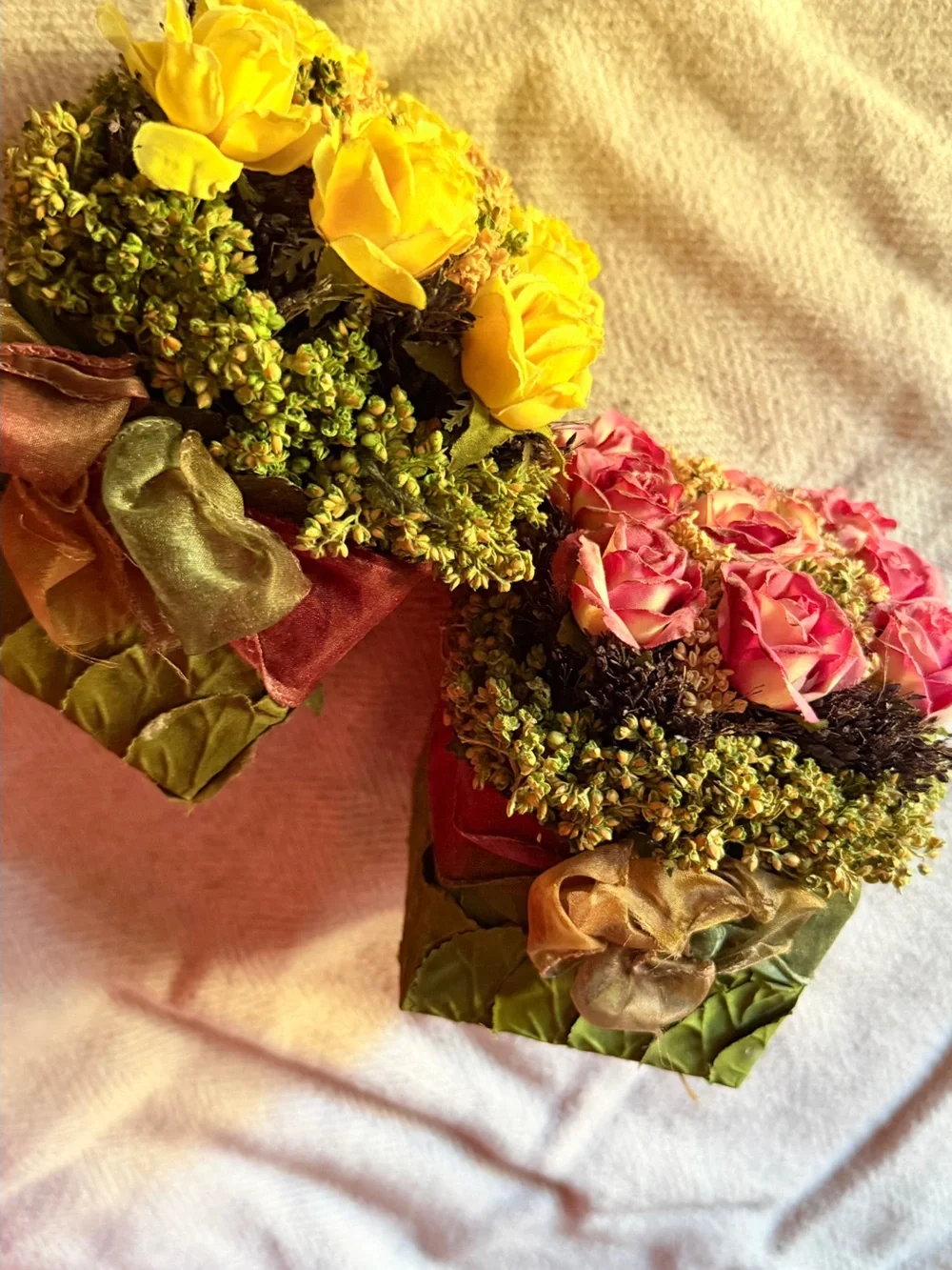 Handcrafted Pink and Yellow Rose Accent Pair - Decorative Floral Arrangement